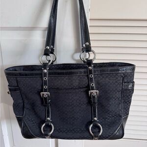 Vintage Coach-Black Signature-Pattern Shoulder Tote